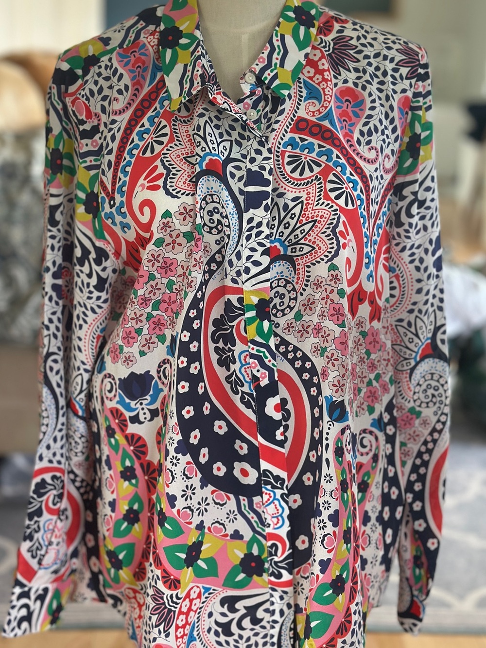 Boden Multicolor Floral Button-Up Blouse in Navy, Red, Green & Yellow